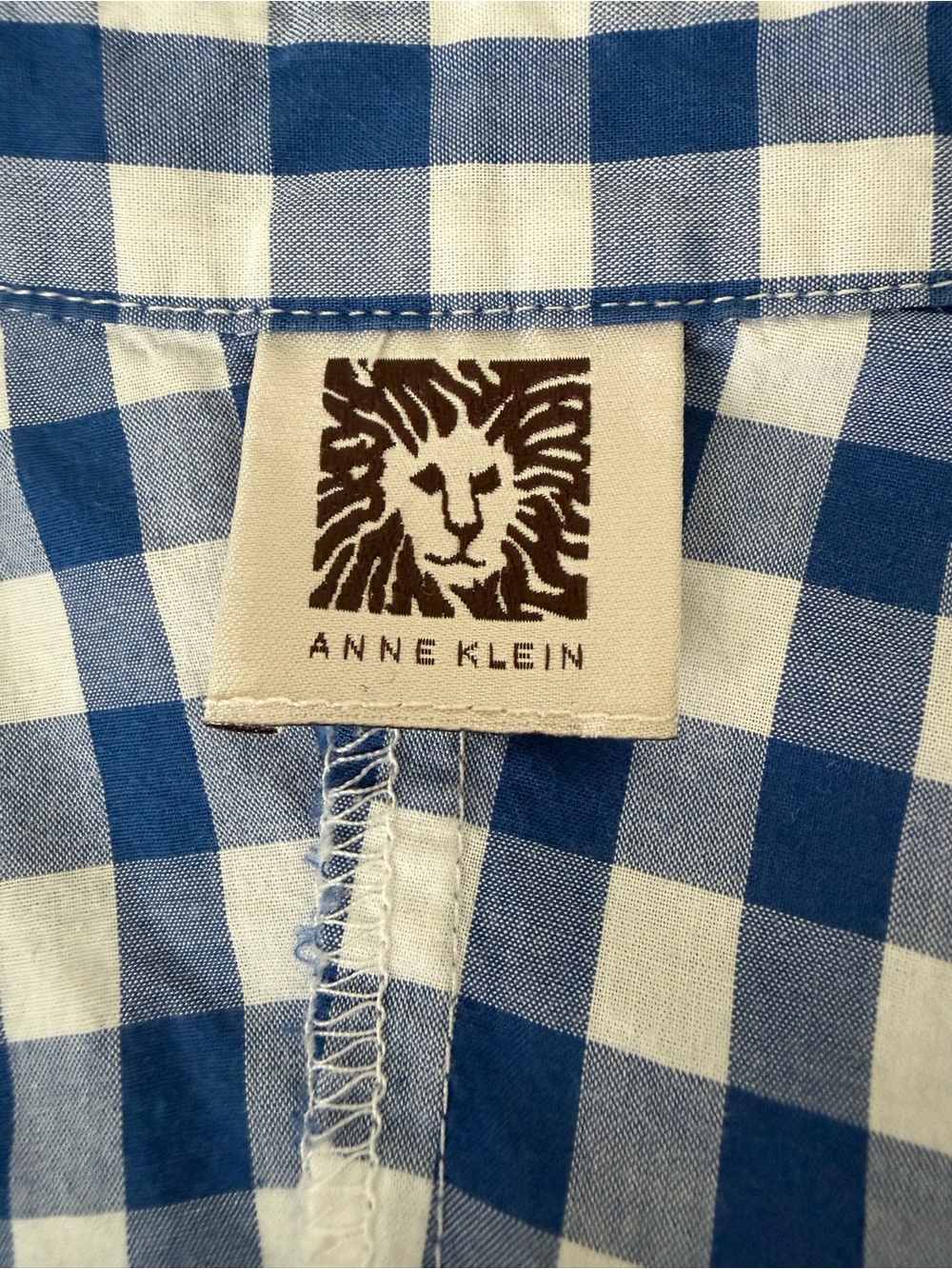 Anne Klein Blue Gingham Shirt Coastal Preppy Hamptons Chic Roll Tab Euro Summer - Picture 14 of 15